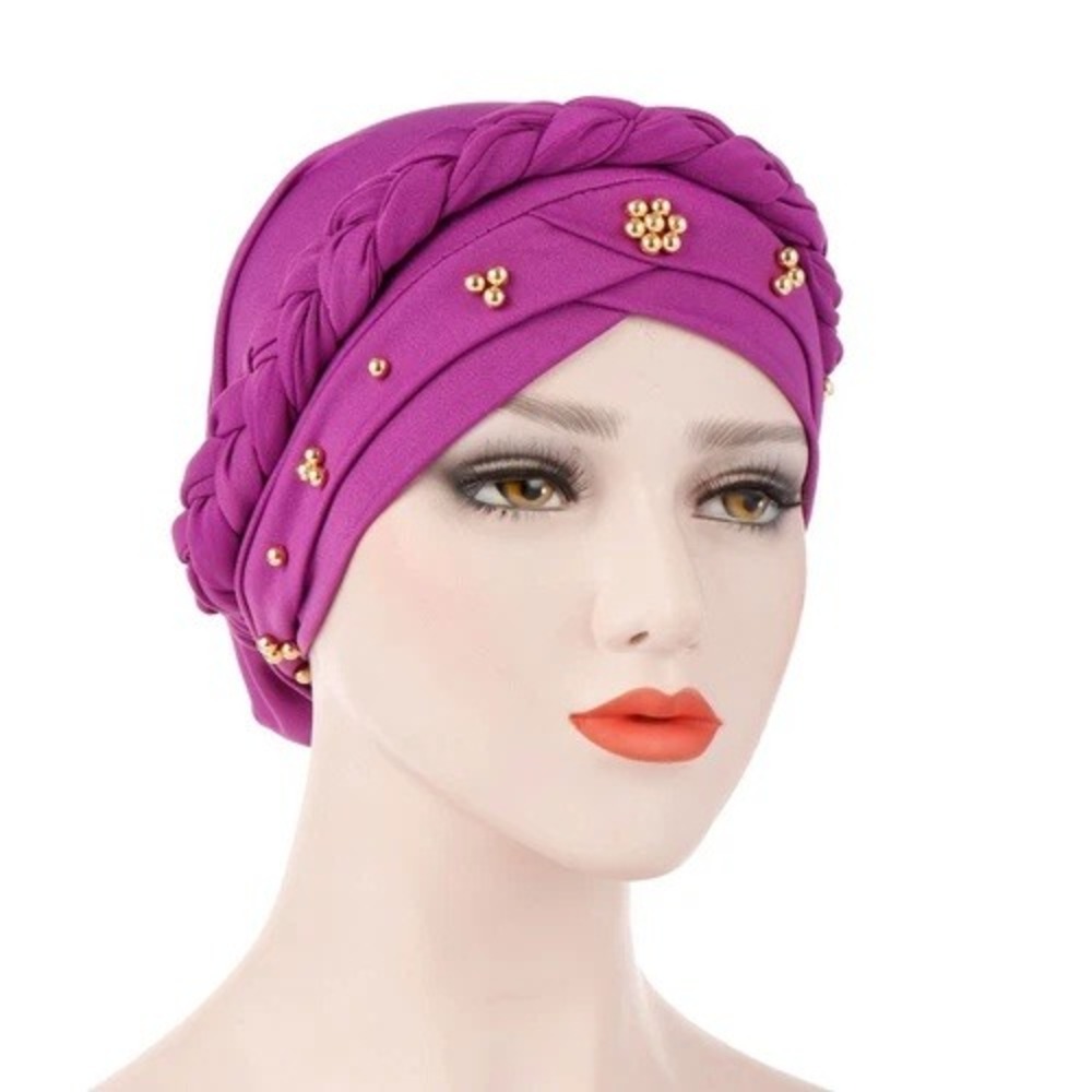 Purple Braided Turban Head Wrap Gold Beaded Stud Accents Polyester Jersey Beanie